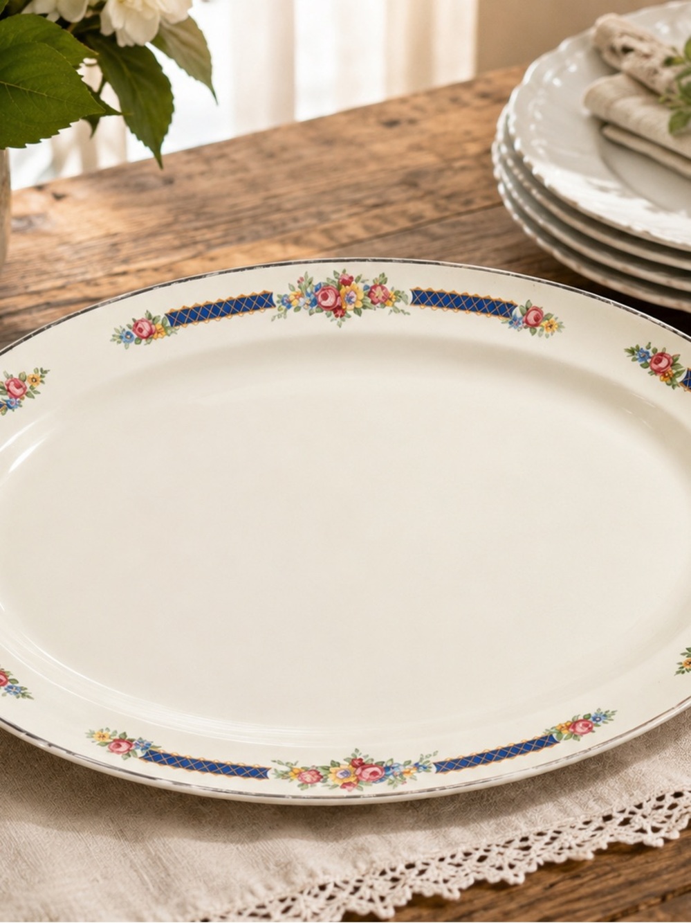 Ivory Ceramic Serving Platter with Blue and Floral Accents